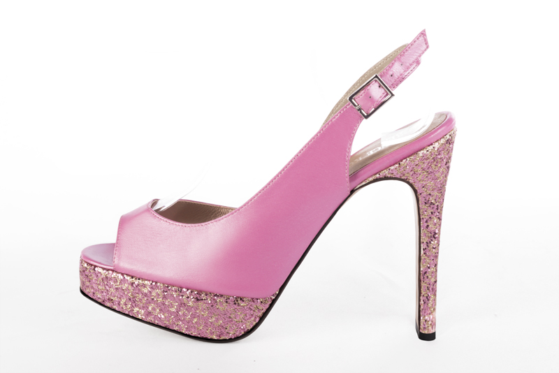 Hot pink women's slingback sandals. Round toe. Very high slim heel with a platform at the front. Profile view - Florence KOOIJMAN